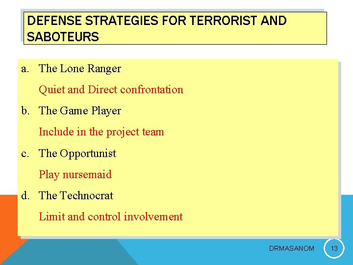 DEFENSE STRATEGIES FOR TERRORIST AND SABOTEURS a. The Lone Ranger Quiet and Direct confrontation