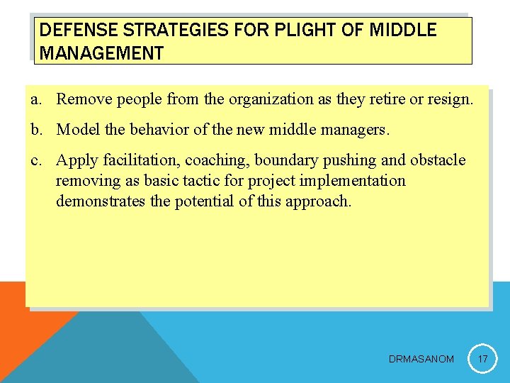 DEFENSE STRATEGIES FOR PLIGHT OF MIDDLE MANAGEMENT a. Remove people from the organization as