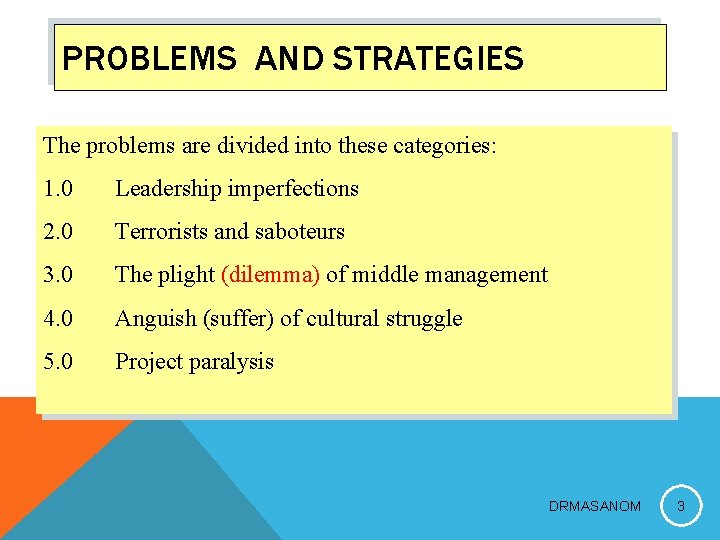 PROBLEMS AND STRATEGIES The problems are divided into these categories: 1. 0 Leadership imperfections