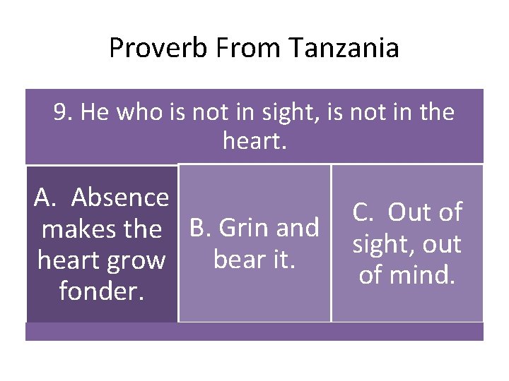 Proverb From Tanzania 9. He who is not in sight, is not in the