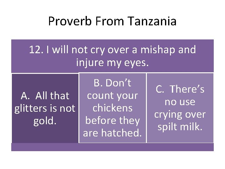 Proverb From Tanzania 12. I will not cry over a mishap and injure my
