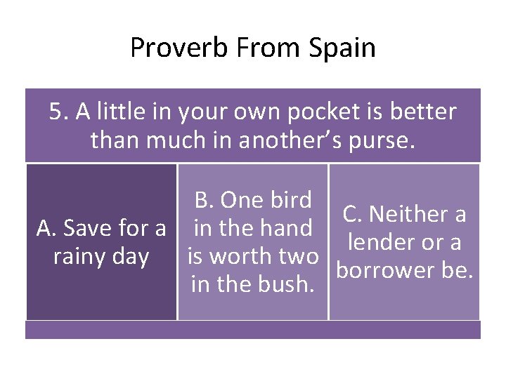 Proverb From Spain 5. A little in your own pocket is better than much