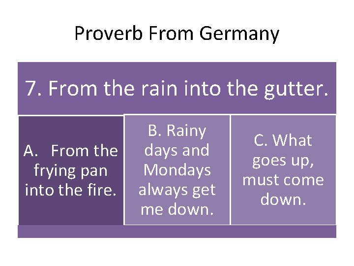 Proverb From Germany 7. From the rain into the gutter. A. From the frying