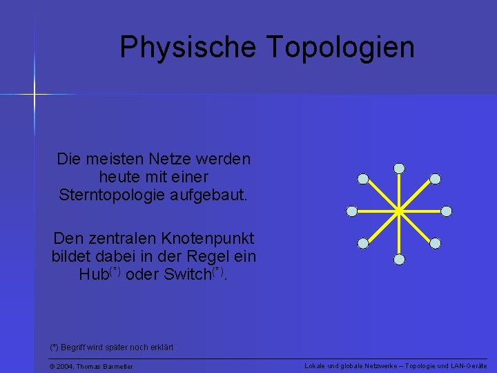 Physische Topologien Die meisten Netze werden heute mit einer Sterntopologie aufgebaut. Den zentralen Knotenpunkt