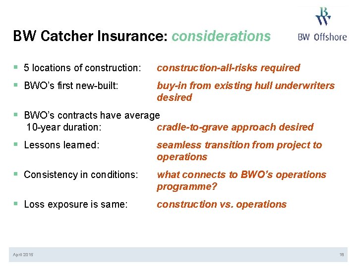 BW Catcher Insurance: considerations § 5 locations of construction: § BWO’s first new-built: construction-all-risks