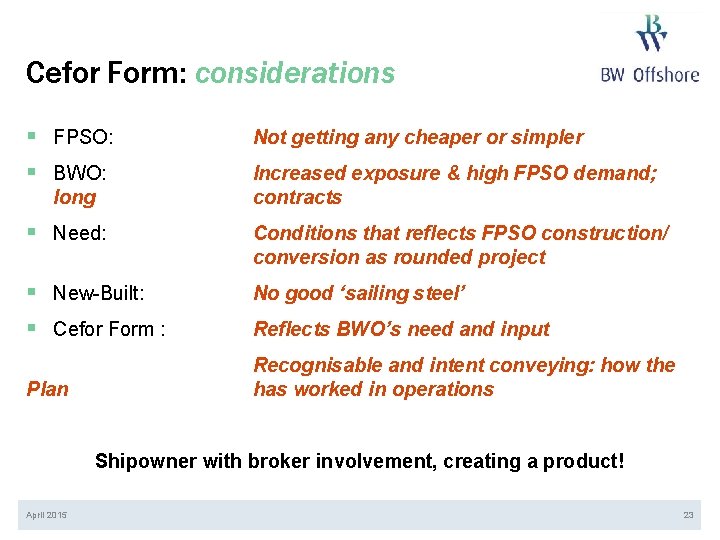 Cefor Form: considerations § FPSO: § BWO: long Not getting any cheaper or simpler