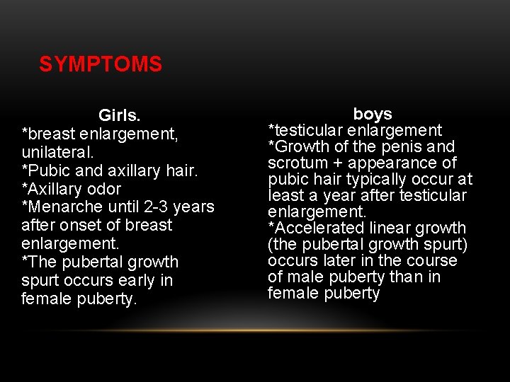 SYMPTOMS Girls. *breast enlargement, unilateral. *Pubic and axillary hair. *Axillary odor *Menarche until 2