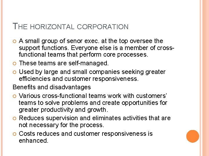 THE HORIZONTAL CORPORATION A small group of senor exec. at the top oversee the