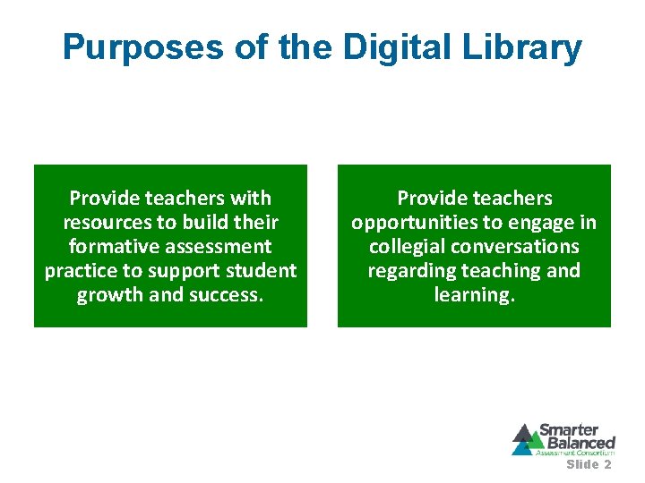 Purposes of the Digital Library Provide teachers with resources to build their formative assessment