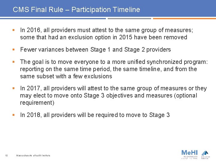 CMS Final Rule – Participation Timeline § In 2016, all providers must attest to