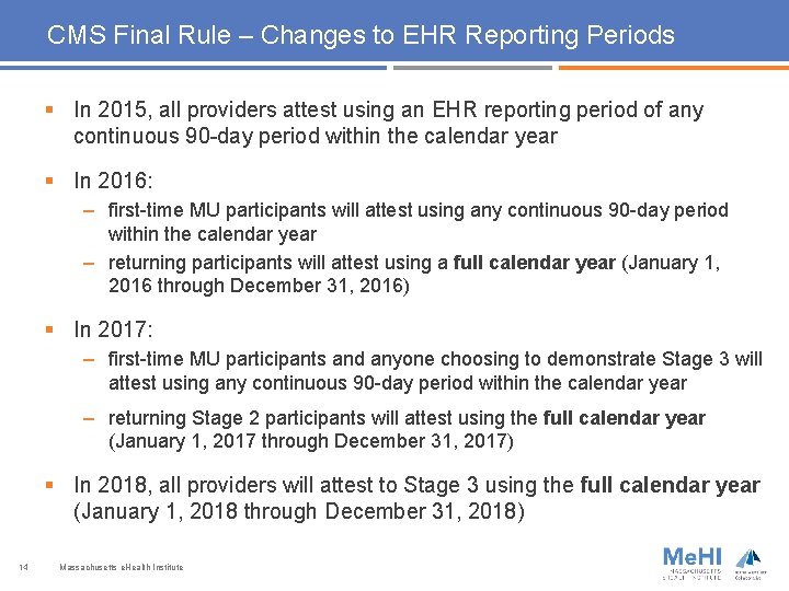 CMS Final Rule – Changes to EHR Reporting Periods § In 2015, all providers
