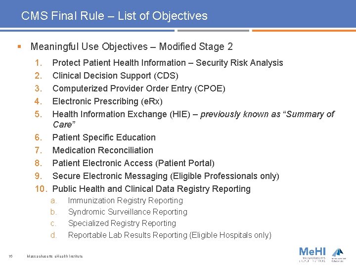 CMS Final Rule – List of Objectives § Meaningful Use Objectives – Modified Stage