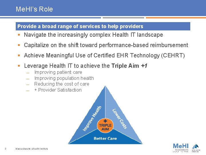 Me. HI’s Role Provide a broad range of services to help providers § Navigate