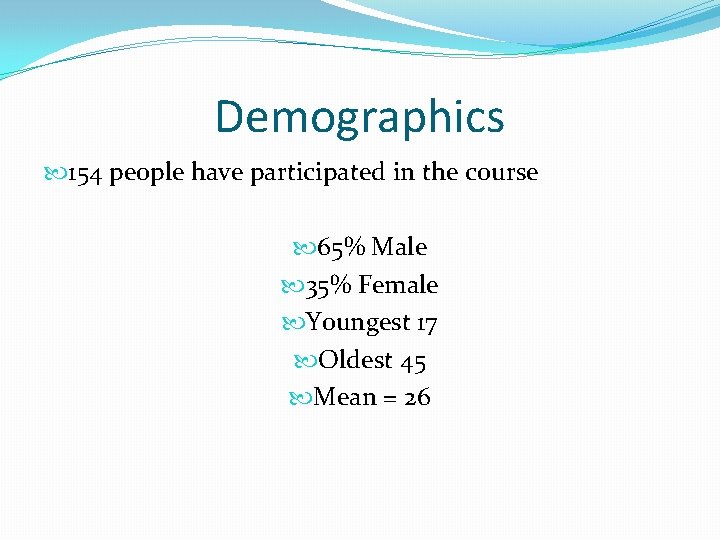 Demographics 154 people have participated in the course 65% Male 35% Female Youngest 17