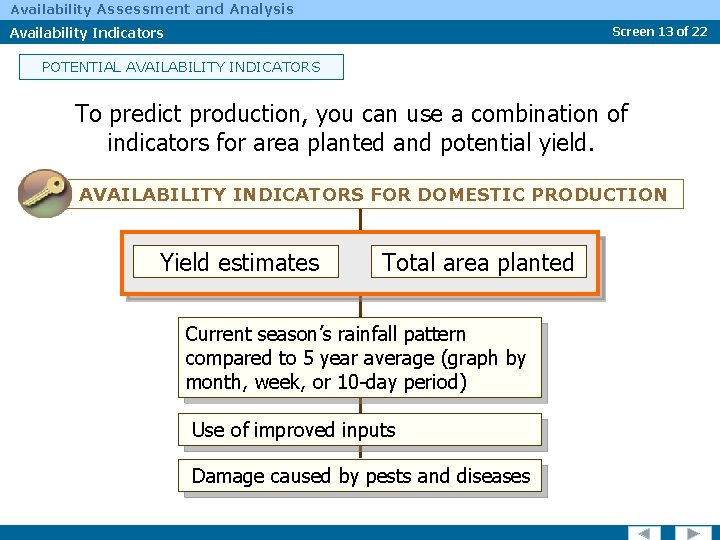 Availability Assessment and Analysis Availability Indicators Screen 13 of 22 POTENTIAL AVAILABILITY INDICATORS To