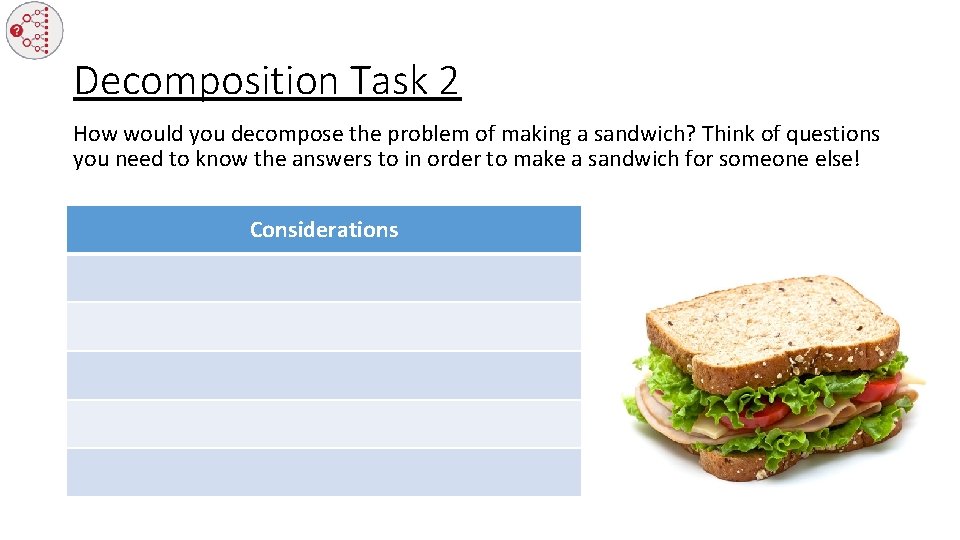 Decomposition Task 2 How would you decompose the problem of making a sandwich? Think
