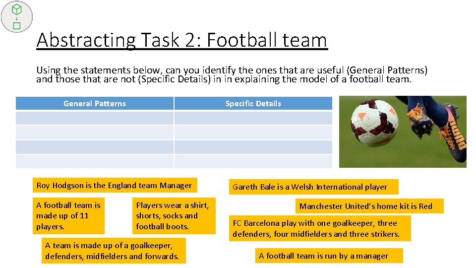 Abstracting Task 2: Football team Using the statements below, can you identify the ones