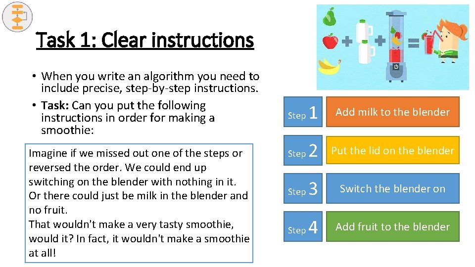 Task 1: Clear instructions • When you write an algorithm you need to include