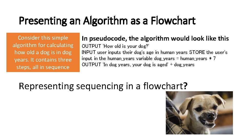 Presenting an Algorithm as a Flowchart Consider this simple algorithm for calculating how old