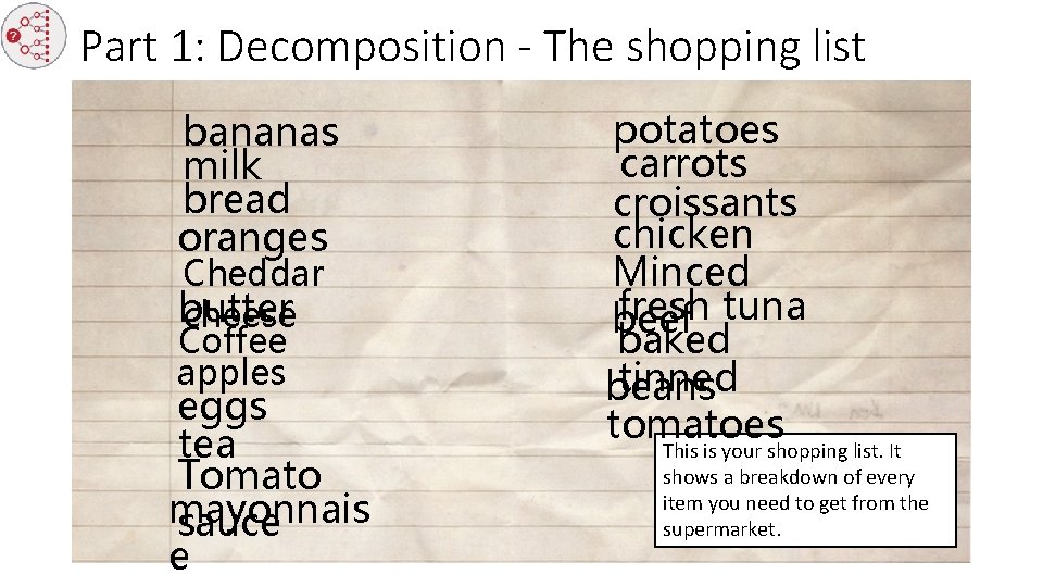 Part 1: Decomposition - The shopping list bananas milk bread oranges Cheddar butter cheese
