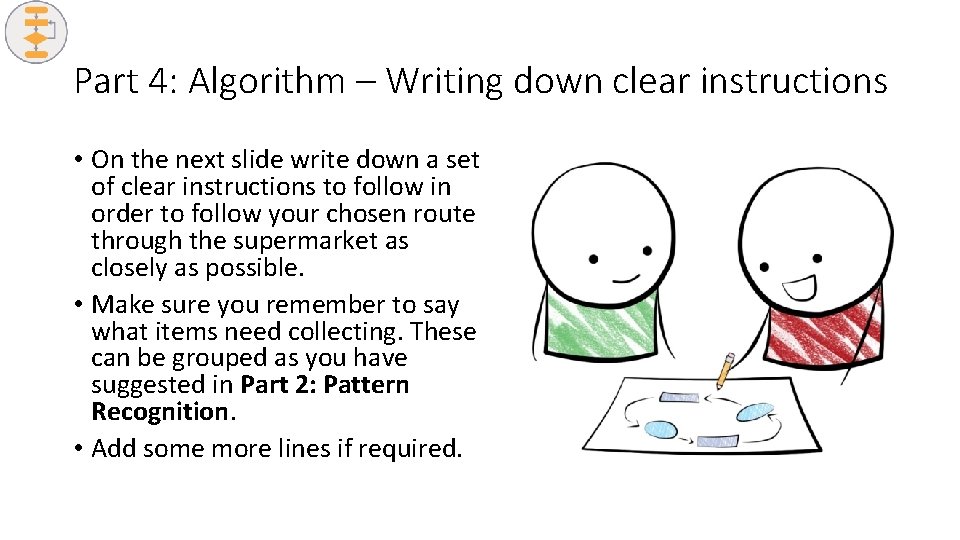 Part 4: Algorithm – Writing down clear instructions • On the next slide write