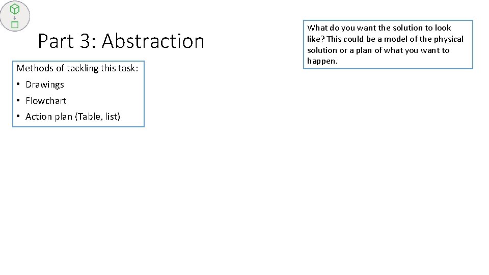 Part 3: Abstraction Methods of tackling this task: • Drawings • Flowchart • Action