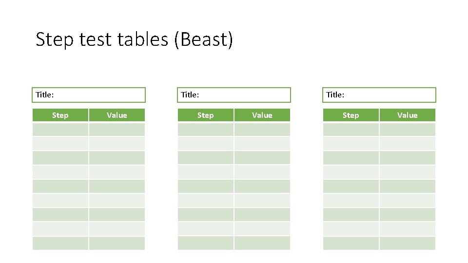 Step test tables (Beast) Title: Step Title: Value Step Value 