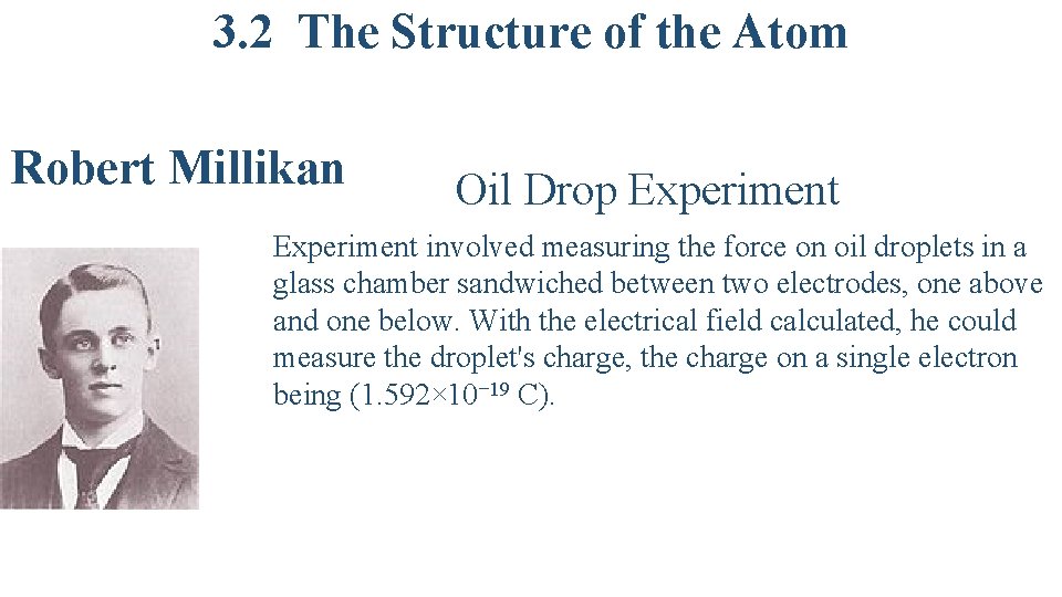 3. 2 The Structure of the Atom Robert Millikan Oil Drop Experiment involved measuring
