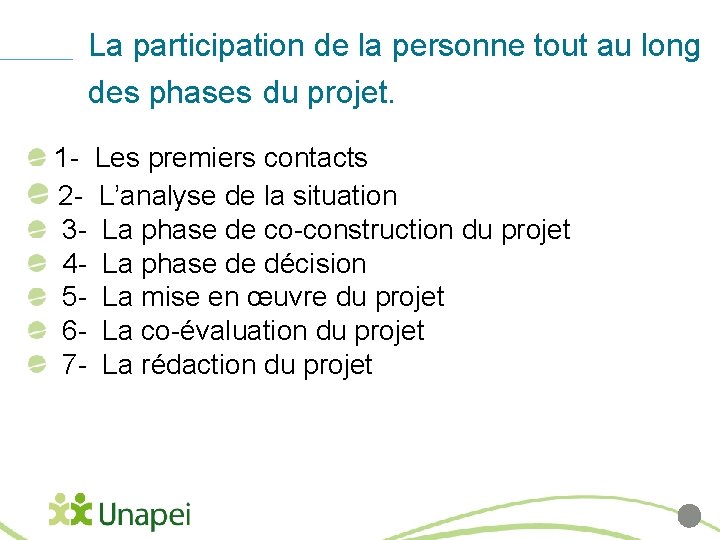 La participation de la personne tout au long des phases du projet. 1 -