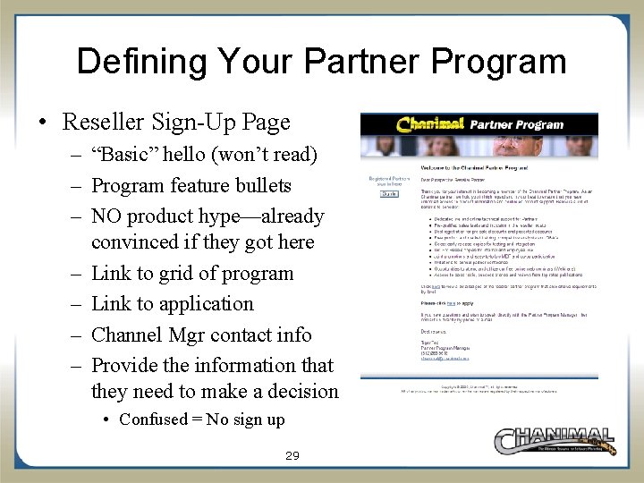 Defining Your Partner Program • Reseller Sign-Up Page – “Basic” hello (won’t read) –