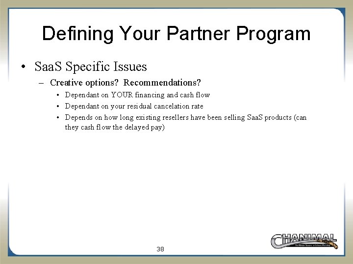 Defining Your Partner Program • Saa. S Specific Issues – Creative options? Recommendations? •