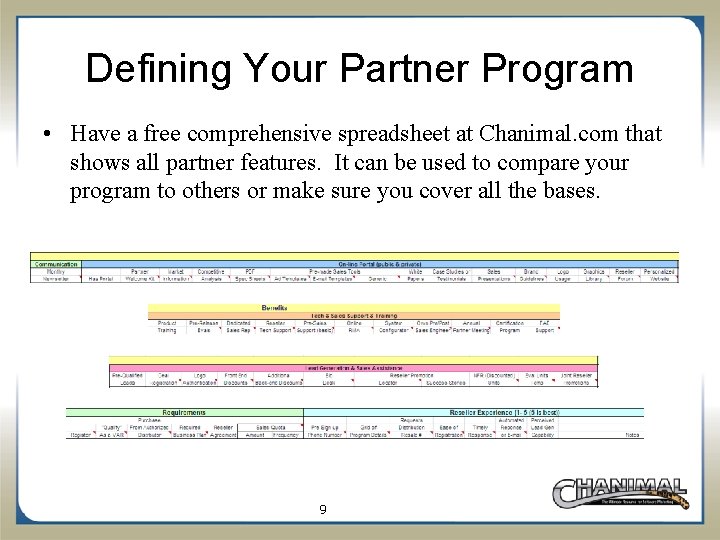 Defining Your Partner Program • Have a free comprehensive spreadsheet at Chanimal. com that