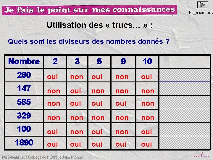 Page suivante Utilisation des « trucs… » : Quels sont les diviseurs des nombres