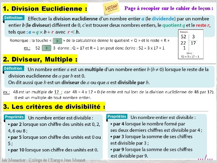 Page à recopier sur le cahier de leçon : Mr Monastier : Collège de