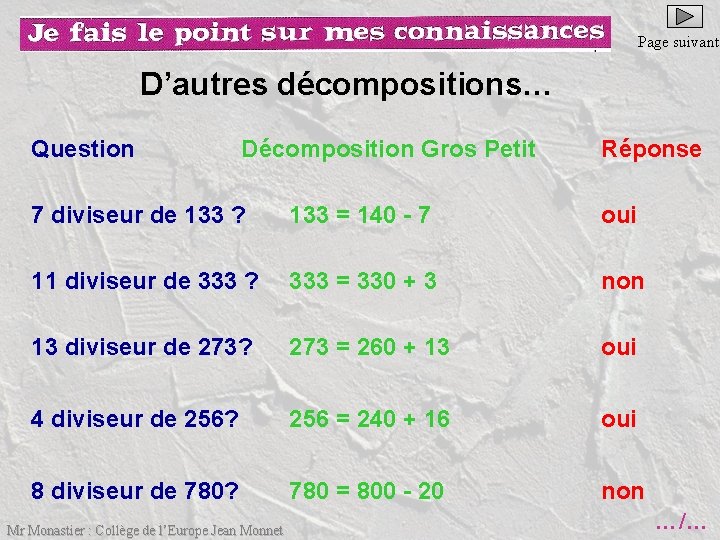 Page suivante D’autres décompositions… Question Décomposition Gros Petit Réponse 7 diviseur de 133 ?