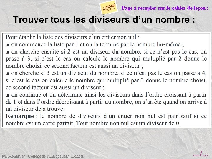 Page à recopier sur le cahier de leçon : Trouver tous les diviseurs d’un