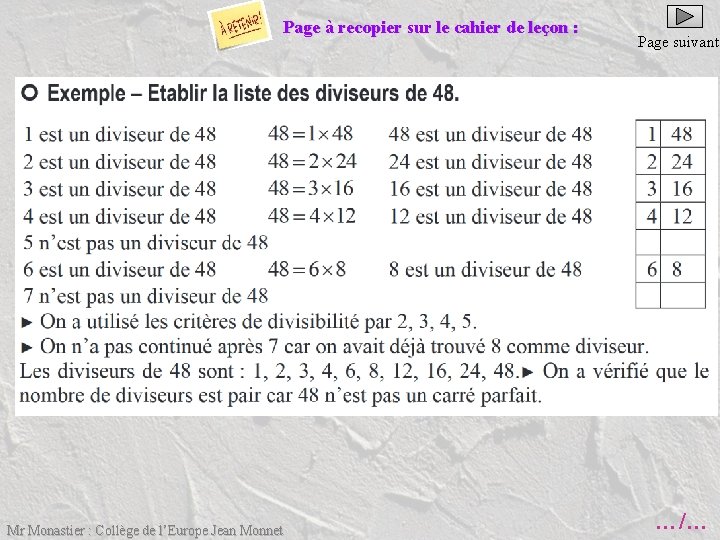 Page à recopier sur le cahier de leçon : Mr Monastier : Collège de