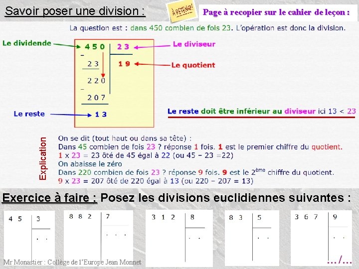 Page à recopier sur le cahier de leçon : Explication Savoir poser une division