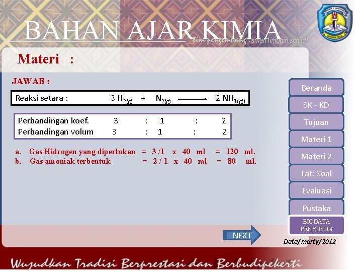 BAHAN AJAR KIMIA Materi : JAWAB : Reaksi setara : Perbandingan koef. Perbandingan volum