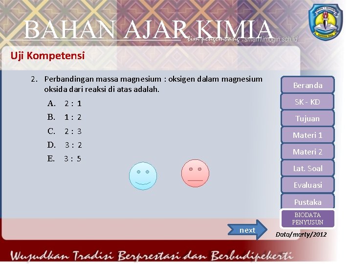 BAHAN AJAR KIMIA Uji Kompetensi 2. Perbandingan massa magnesium : oksigen dalam magnesium oksida