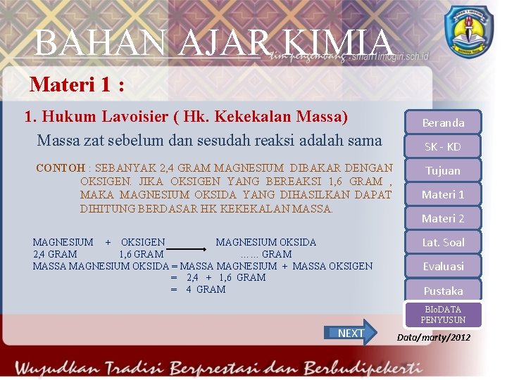 BAHAN AJAR KIMIA Materi 1 : 1. Hukum Lavoisier ( Hk. Kekekalan Massa) Massa