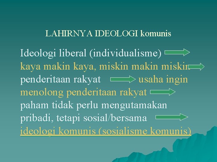 LAHIRNYA IDEOLOGI komunis Ideologi liberal (individualisme) kaya makin kaya, miskin makin miskin penderitaan rakyat