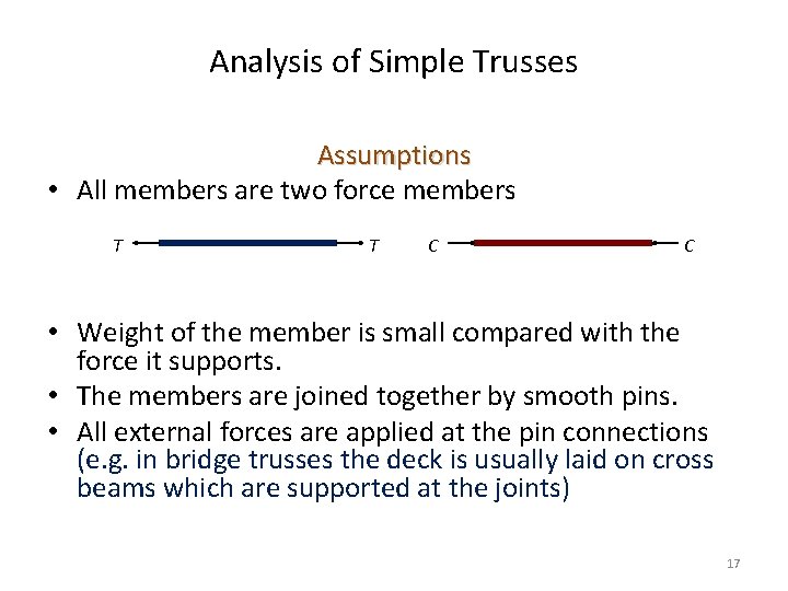 Analysis of Simple Trusses Assumptions • All members are two force members T T