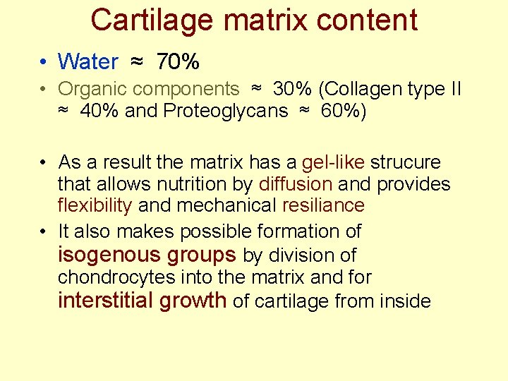 Cartilage matrix content • Water ≈ 70% • Organic components ≈ 30% (Collagen type