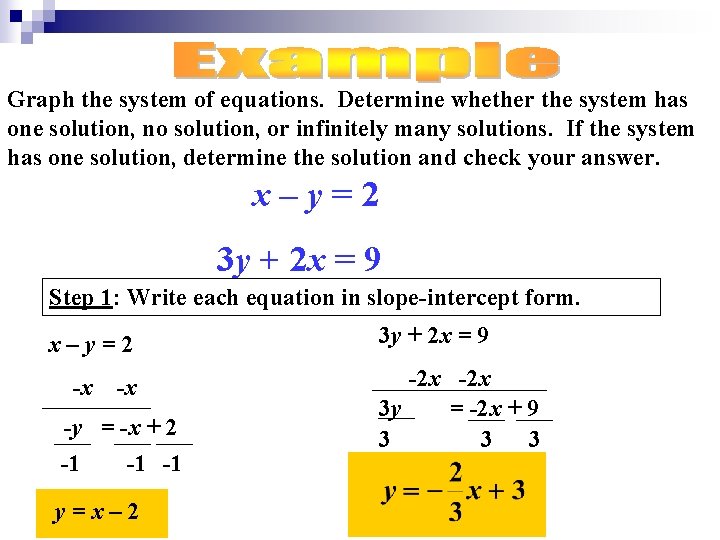 Graph the system of equations. Determine whether the system has one solution, no solution,