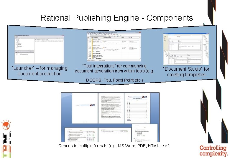 Rational Publishing Engine - Components “Launcher” – for managing document production “Tool Integrations” for