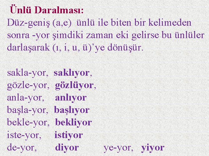 Ünlü Daralması: Düz-geniş (a, e) ünlü ile biten bir kelimeden sonra -yor şimdiki zaman