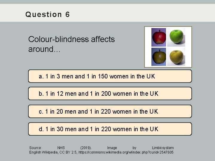 Question 6 Colour-blindness affects around… a. 1 in 3 men and 1 in 150