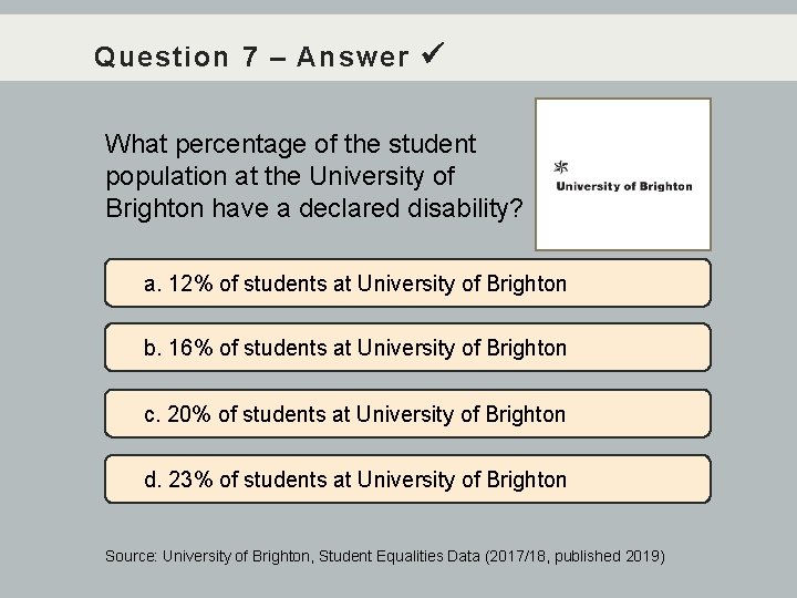 Question 7 – Answer What percentage of the student population at the University of