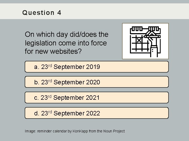 Question 4 On which day did/does the legislation come into force for new websites?